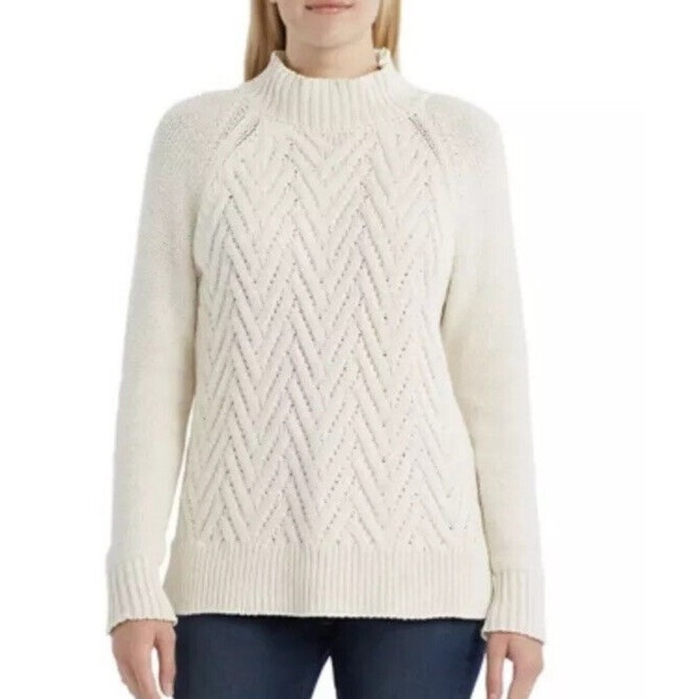 CHAPS Petite Large Sweater. Multi Cream. 27 in Long Pullover. Cotton. MRSP: $70.